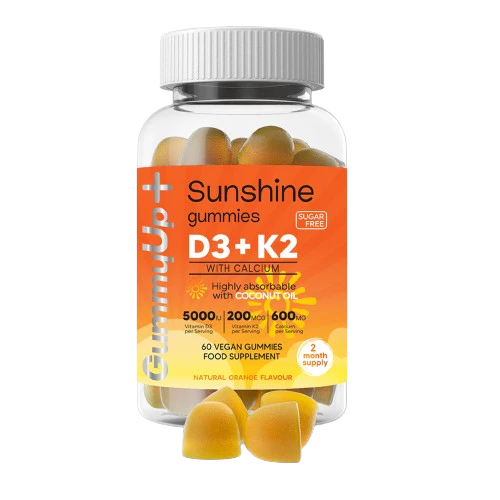 Vitamin D3+K2+Calcium Gummies High Strength Sunshine Gummies | Vitamin D3(5000ui) K2(200mcg) With Calcium 600mg | Natural Orange Flavoured Sugar Free Vegetarian Gummies By Gummyup+