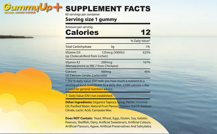 Vitamin D3+K2+Calcium Gummies High Strength Sunshine Gummies | Vitamin D3(5000ui) K2(200mcg) With Calcium 600mg | Natural Orange Flavoured Sugar Free Vegetarian Gummies By Gummyup+