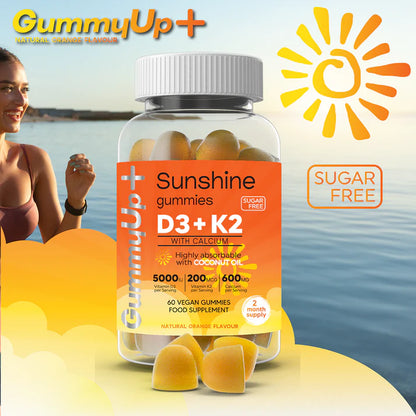 Vitamin D3+K2+Calcium Gummies High Strength Sunshine Gummies | Vitamin D3(5000ui) K2(200mcg) With Calcium 600mg | Natural Orange Flavoured Sugar Free Vegetarian Gummies By Gummyup+